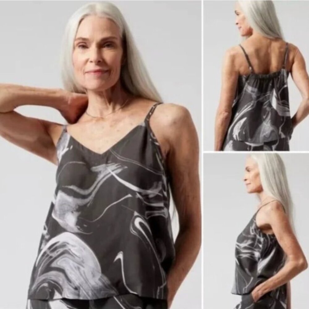 ATHLETA Calm Cool Cami Size XSS Tank Top Marble Gray White Silky Satin Sleep NEW